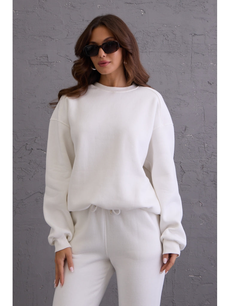Beyaz Bisiklet Yaka Üç İplik Şardonlu Sweat 134-Beyaz