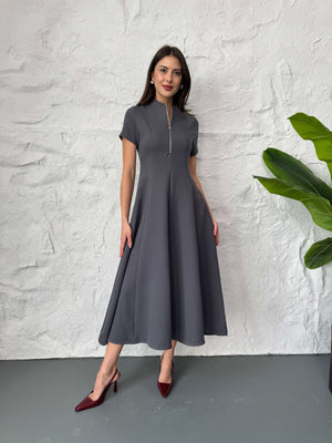 Füme Fermuar Detaylı Maxi Boy Elbise 580264-Füme