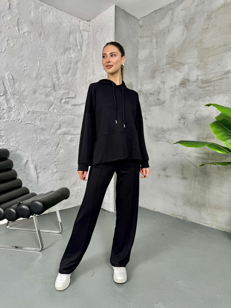 Siyah Modal Yan Yırtmaçlı Sweat Takım EY2130-Siyah