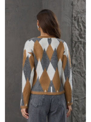 Kahverengi Düğmeli Baklava Desen Hırka EY-0031-Kahverengi