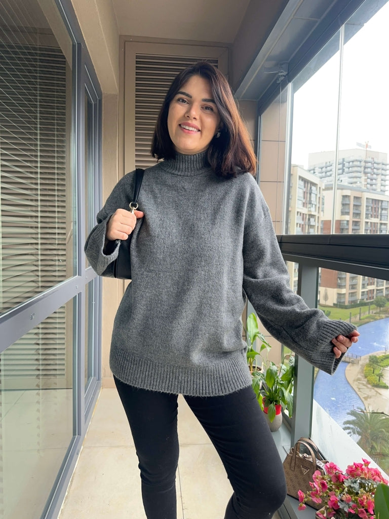 Antrasit Dik Yaka Oversize Kazak 2326-Antrasit