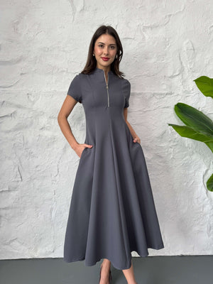 Füme Fermuar Detaylı Maxi Boy Elbise 580264-Füme