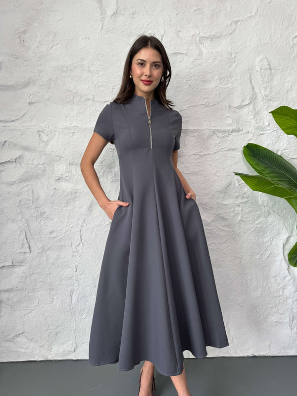 Füme Fermuar Detaylı Maxi Boy Elbise 580264-Füme