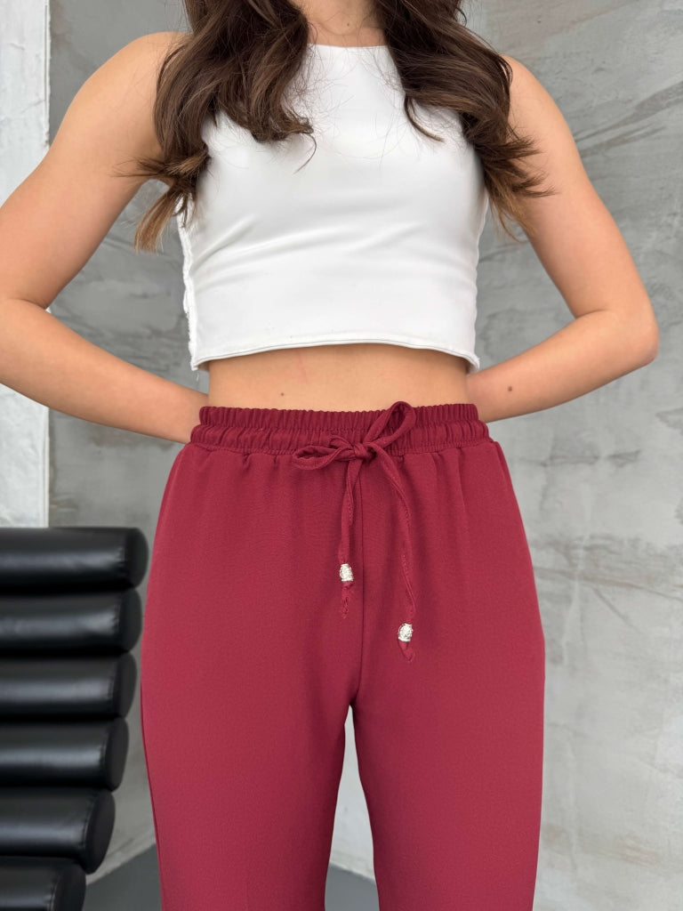 Bordo Bel Lastikli Havuç Pantolon 80178-Bordo