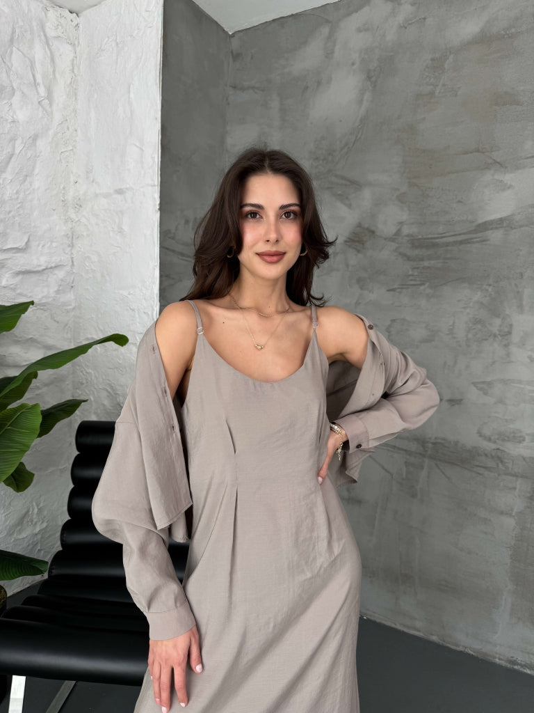 Vizon  İp Askılı Elbise Gömlek Takım 51153-VİZON