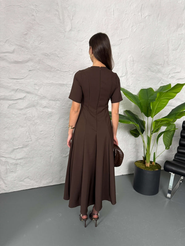 Kahve Maxi Boy Volanlı Elbise 3705-KAHVE