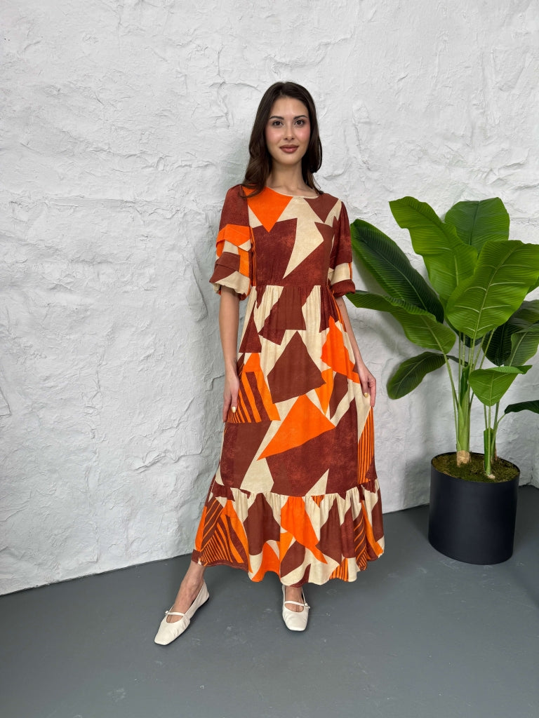 Orange Balon Kol Geometrik Desenli  Elbise 35430-ORANGE