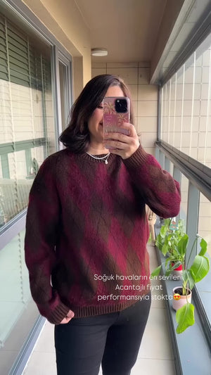 Bordo Kahverengi Baklava Desenli Kazak EY0088-Bordo Kahve