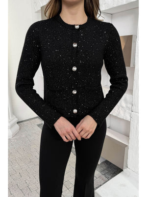 Dilvin Siyah Pullu Gold Düğmeli Triko Hırka 60935-SİYAH