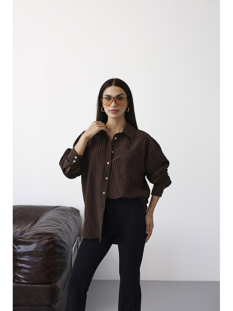 Kahve Fitilli Oversize Gömlek 5000-Kahve