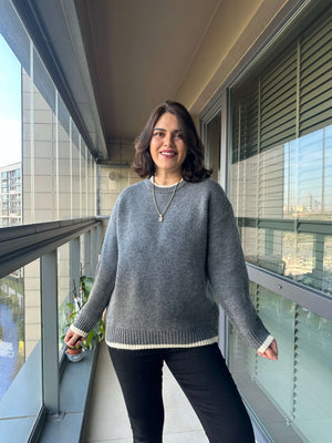 Antrasit Çizgi Detaylı Oversize Kazak