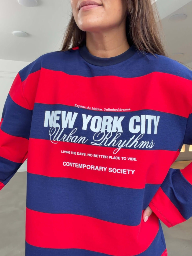 Kırmızı Çizgili NYC Baskılı Oversize Sweat 1132-Kırmızı
