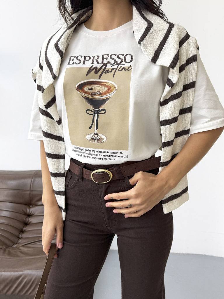Ekru Espresso Baskılı Tshirt 0492-Espresso