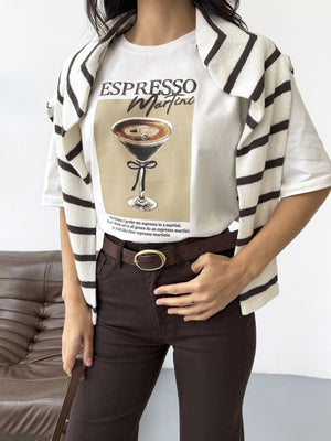 Ekru Espresso Baskılı Tshirt 0492-Espresso