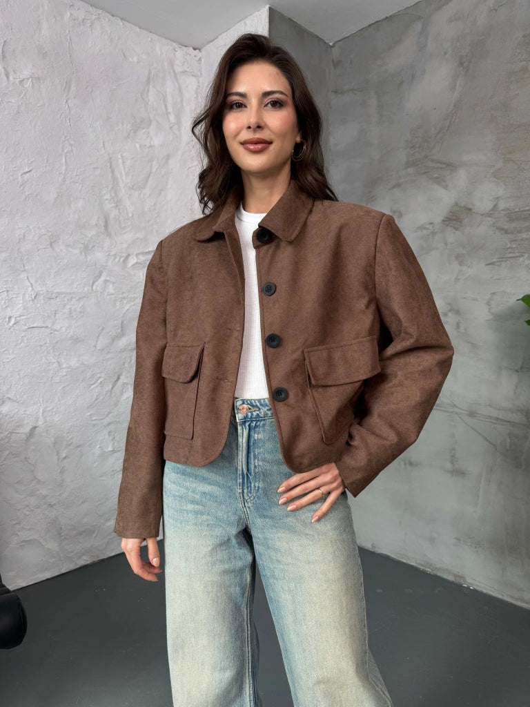 Kahverengi Cepli Süet Kısa Ceket 9486-Kahverengi