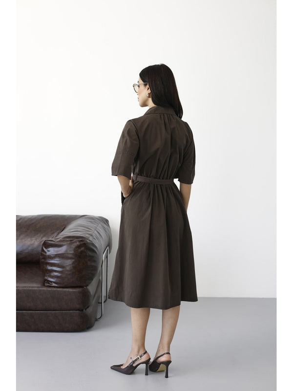 Kahverengi Önden Fermuarlı Kuşaklı Elbise 0049-Kahverengi