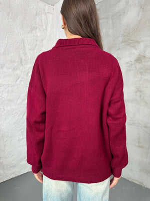 Bordo Polo Yaka Düğmeli Triko Kazak 2482-BORDO