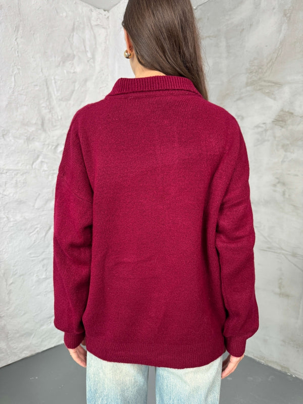 Bordo Polo Yaka Düğmeli Triko Kazak 2482-BORDO