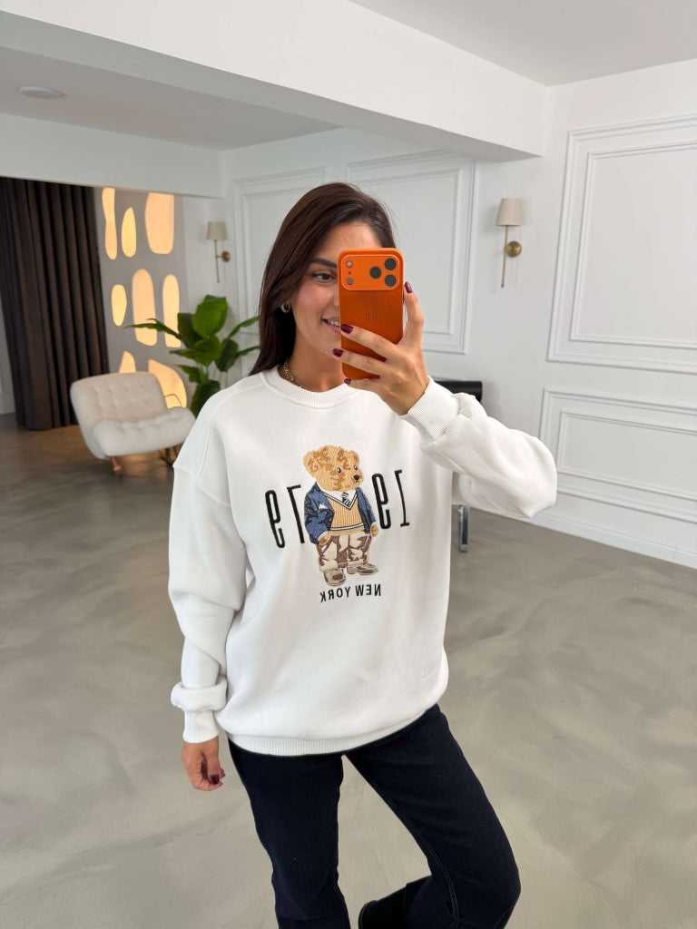 Beyaz Teddy Nakışlı Sweat 10417-Beyaz