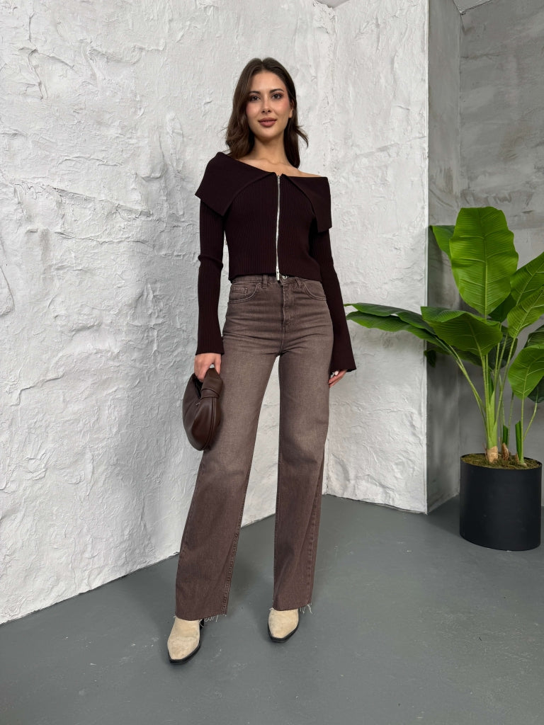 Kahverengi Straight Kesik Paça Jean 21145-Kahverengi