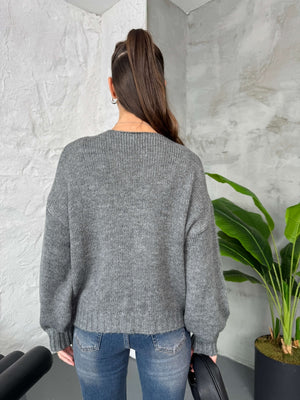 Antrasit Önü Bağcıklı Örme Hırka EY2426-Antrasit