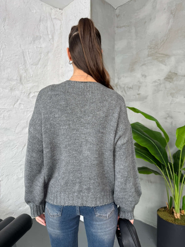 Antrasit Önü Bağcıklı Örme Hırka EY2426-Antrasit