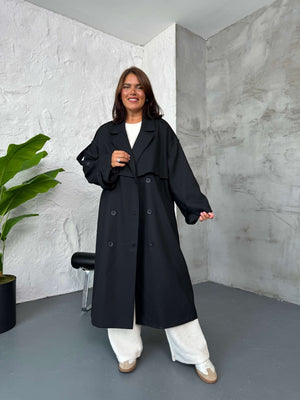 Siyah Kruvaze Detaylı Oversize Trençkot