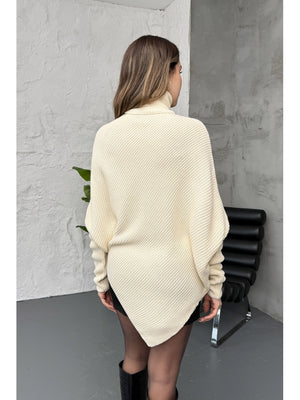 Ekru Boğazlı Triko Panço 2574-Ekru