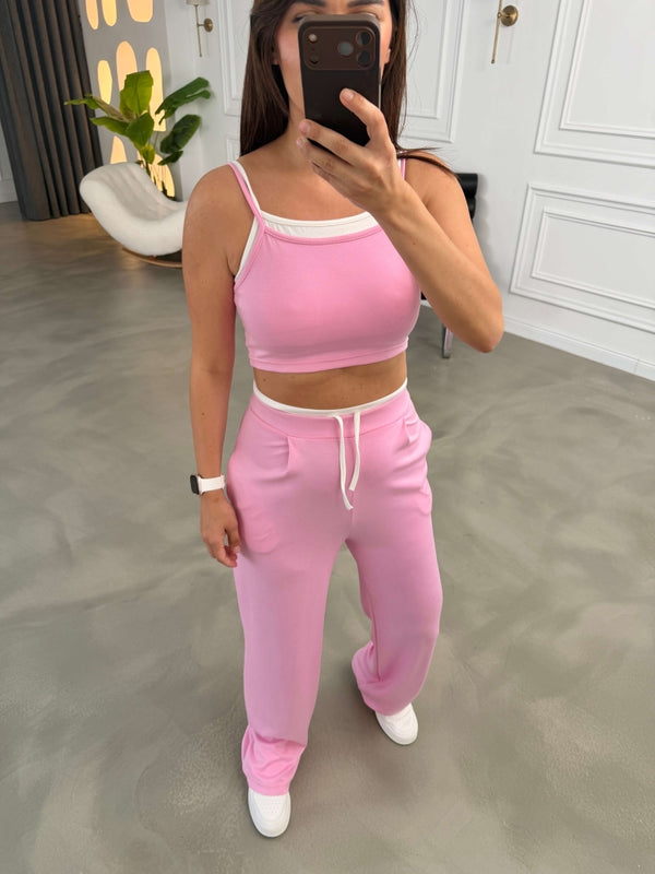 Pembe İçi Atletli Askılı Crop Takım 4807-Pembe