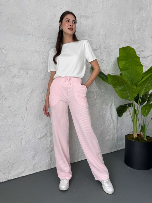 Pembe Çizgili Bel Lastikli Pantolon
