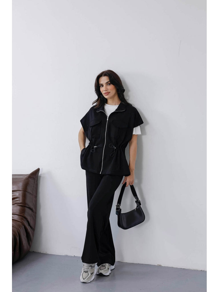 Siyah Yarım Kol Fermuarlı Modal Takım 7307-Siyah