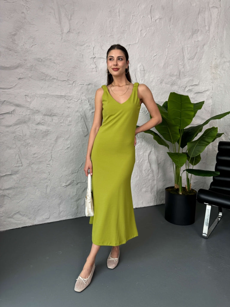Olive Omuzu Lastik Askılı Elbise