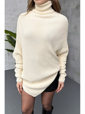 Ekru Boğazlı Triko Panço 2574-Ekru