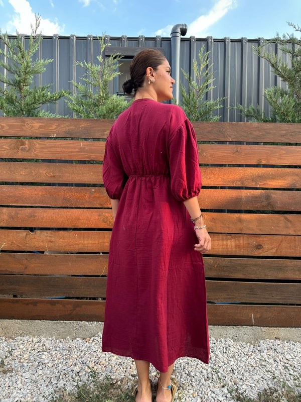 Bordo Nakışlı Müslin Elbise