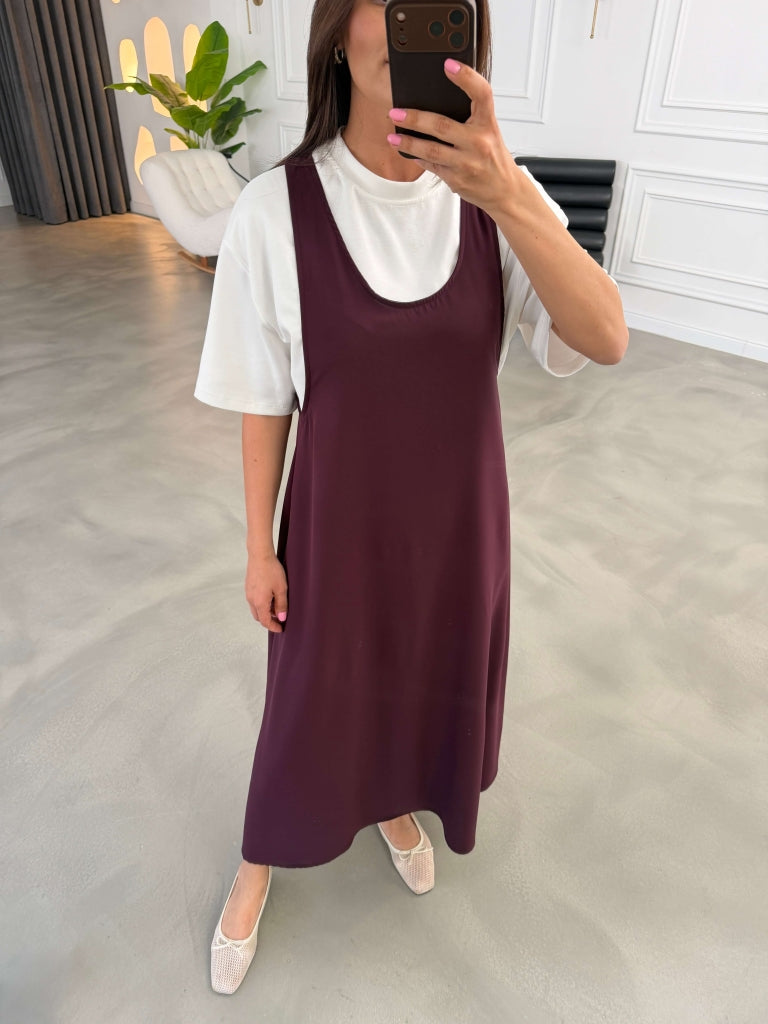 Mürdüm Tshirt Detaylı Salaş İkili Elbise Takım 4131-Mürdüm