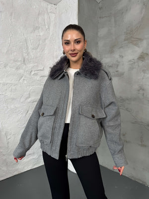 Gri Kaşe Yakası Kürklü Mont 580564-GRİ