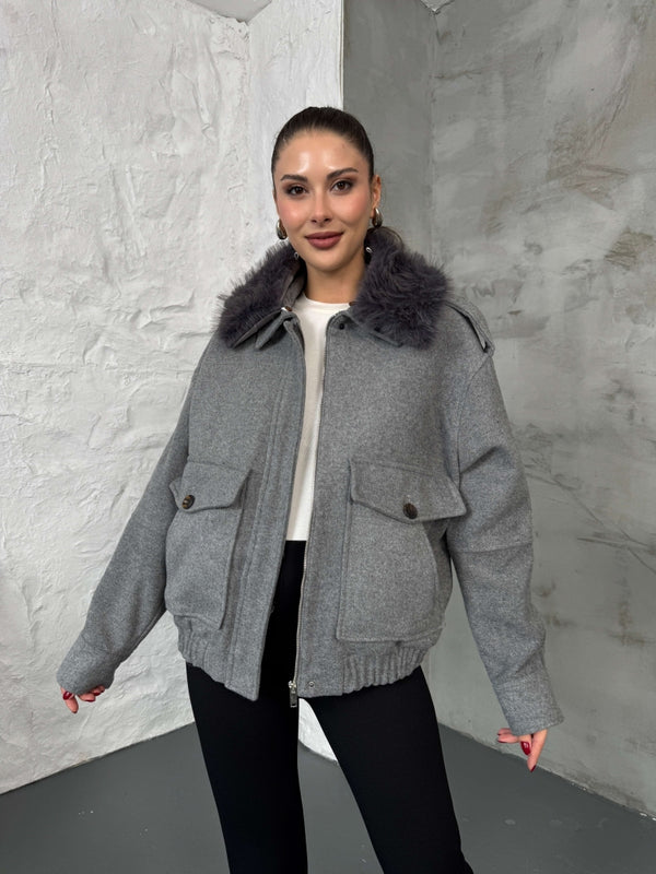 Gri Kaşe Yakası Kürklü Mont 580564-GRİ