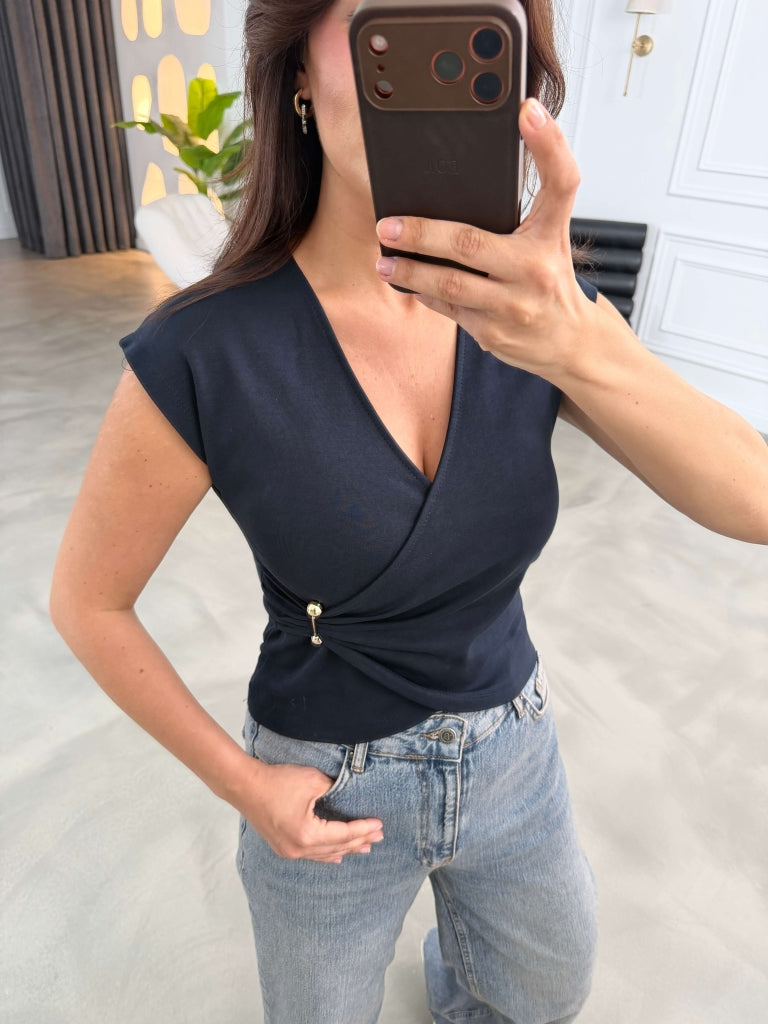 Lacivert Kruvaze Yaka Toka Detaylı Bluz 6904-Lacivert