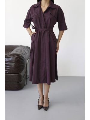 Mürdüm Önden Fermuarlı Kuşaklı Elbise 0049-Mürdüm