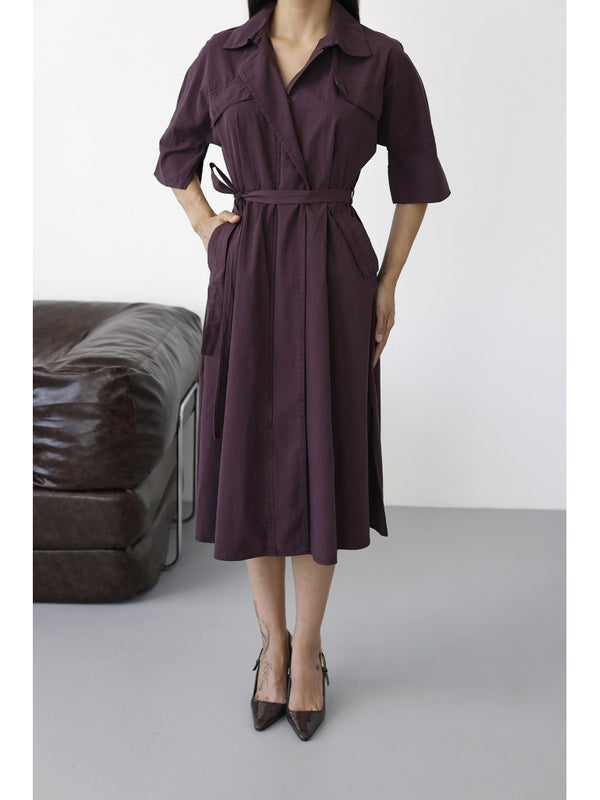 Mürdüm Önden Fermuarlı Kuşaklı Elbise 0049-Mürdüm