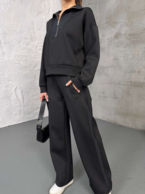 Siyah Paraşüt Şeritli Fermuarlı Scuba Takım 2624-Siyah