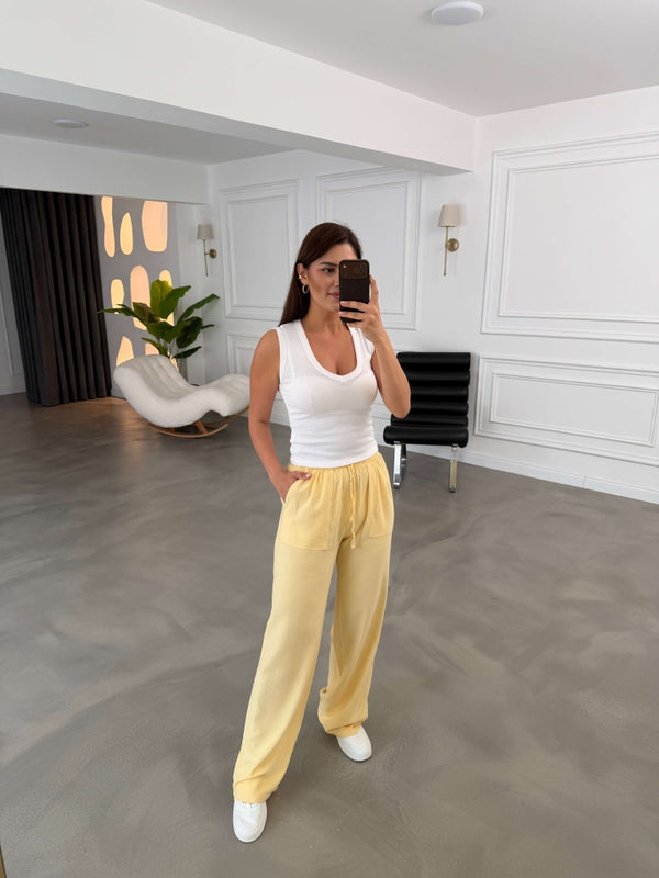 Sarı Cep Detaylı Keten Pantolon 0531-Sarı