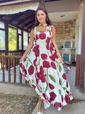 Bordo Çiçek Desenli Askılı Kuşaklı Elbise 0082-Bordo