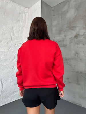 Kırmızı Oxford Nakışlı Bisiklet Yaka Sweat