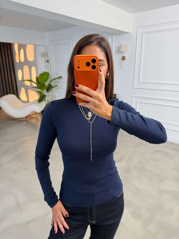 Lacivert Sırtı Dikişli Parmak Geçirmeli Body 0585-Lacivert