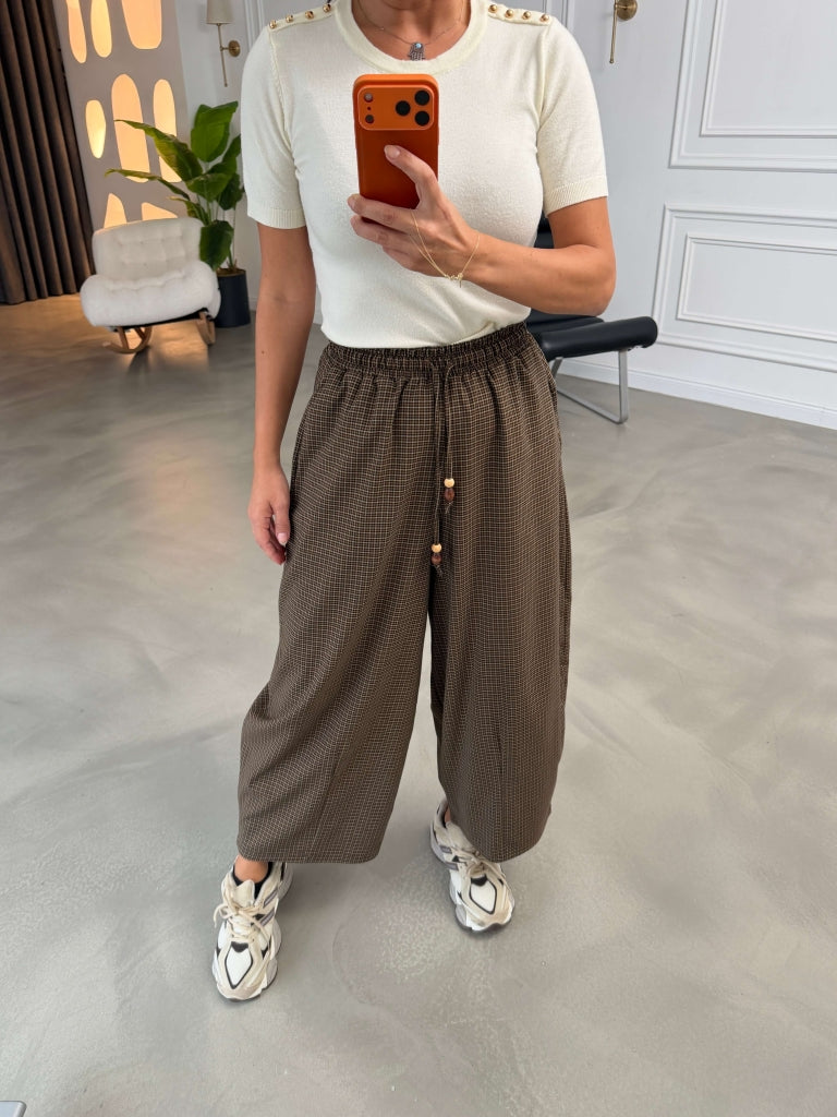 Bej Bel Lastikli Ekoseli Pantolon 51459-Bej