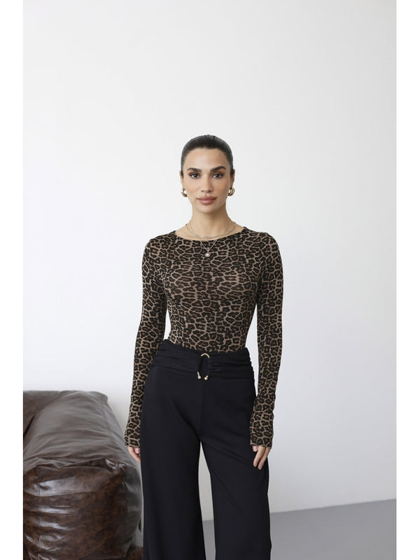 Dilvin Leopar Kayık Yaka Transparan Bluz 32206-Leopar