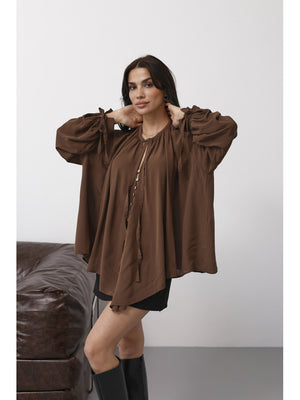 Kahverengi Yakası Fularlı Salaş Gömlek 4988-Kahverengi