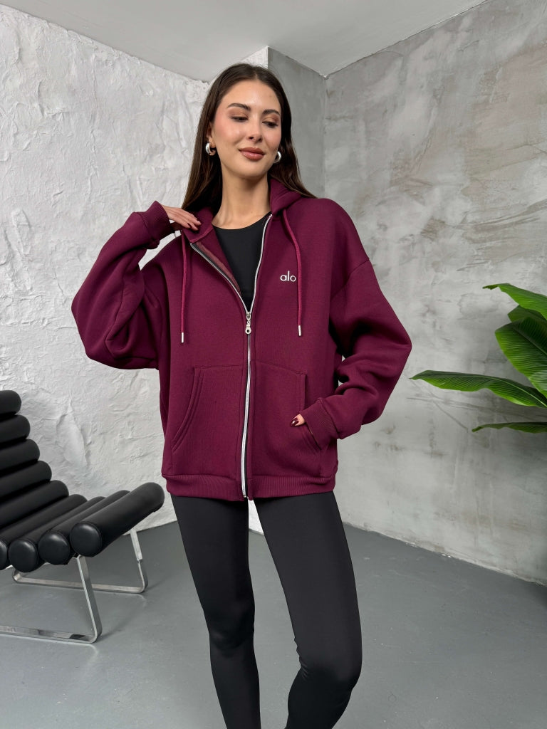 Bordo Ön Fermuarlı Kapüşonlu Sweatshirt