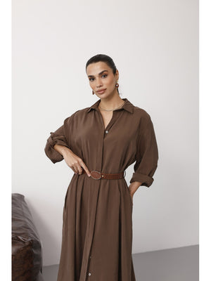 Kahve Tensel Kemerli Gömlek Elbise EYY3270-Kahve